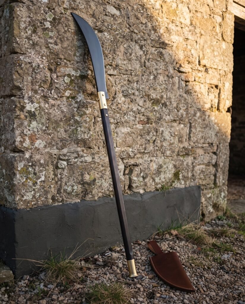 Medieval glaive with a long blackened curved steel blade and brass langets on a dark haft leaning against a rough limestone barn wall on gravel