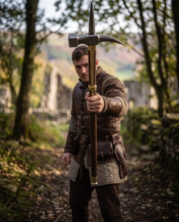Medieval polehammer with a steel hammer head, curved back spike and brass langets on a dark wood haft held by a man in a padded jacket