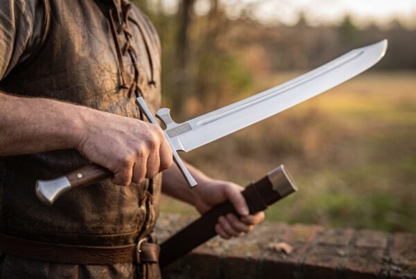 Messer sword held by its dark wooden grip in one hand with the brown leather scabbard in the other, clipped blade tip pointing up