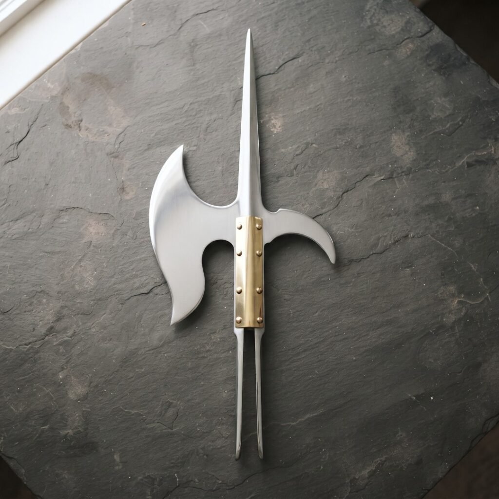 Mirror polished halberd polearm head with an axial spike, crescent blade and brass langet plates with rivets lying on a dark riven slate slab