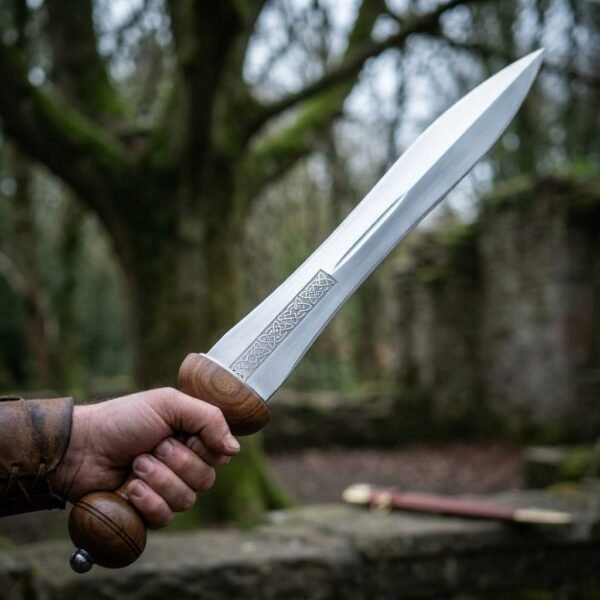 Polished high carbon steel gladius with etched knotwork panel and wood grip held raised in a hand in a misty woodland ruin