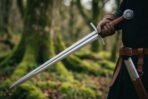 Polished steel arming sword with straight cross held in gloved hand beside a tan leather belt and scabbard in a mossy forest