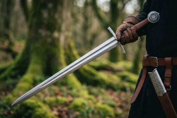 Polished steel arming sword with straight cross held in gloved hand beside a tan leather belt and scabbard in a mossy forest