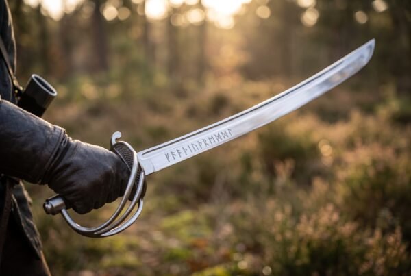 Polished steel cavalry sabre with rune inscribed blade and three bar guard held in a gloved hand at dusk