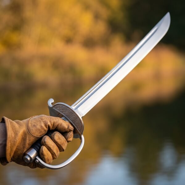 Polished steel cutlass with knotwork shell guard and knuckle bow held up in a leather glove against autumn trees by water