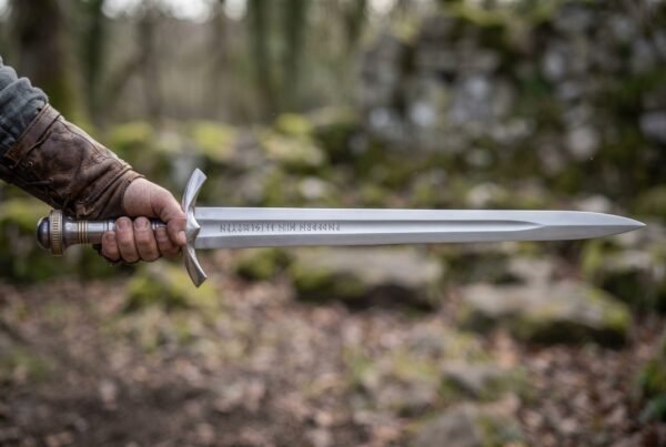 Polished steel elven longsword held level in one hand showing the rune engraved fuller and curved guard in the woods