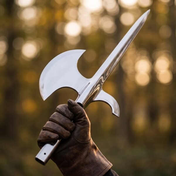 Polished steel halberd head held by the socket in a brown leather glove, crescent blade raised against autumn trees