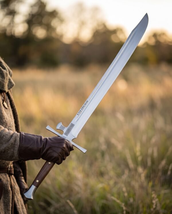 Polished steel kriegsmesser held upright in a gloved hand, clipped point and long two hand grip against a sunset field
