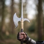 Polished steel polearm head with brass langet plates mounted on a dark pole and held up by a gloved hand