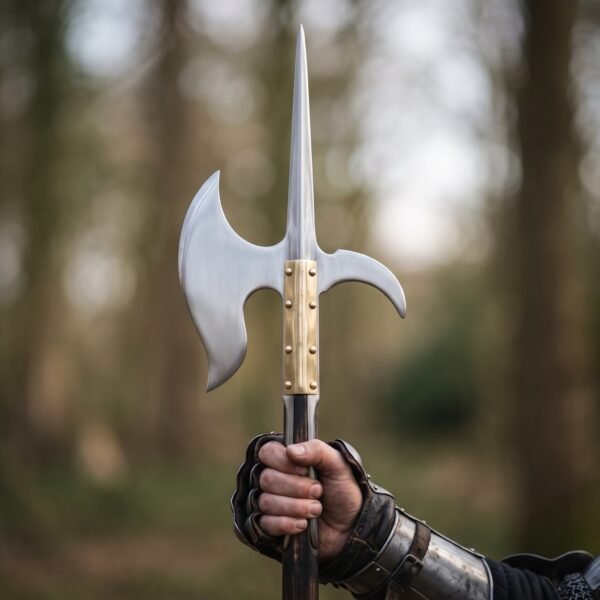 Polished steel polearm head with brass langet plates mounted on a dark pole and held up by a gloved hand