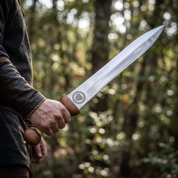 Polished steel Roman gladius gripped by the bone handle and wooden guard, blade raised toward the trees