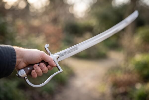 Polished steel sabre with curved blade and steel knuckle bow held raised in one hand along a blurred garden path