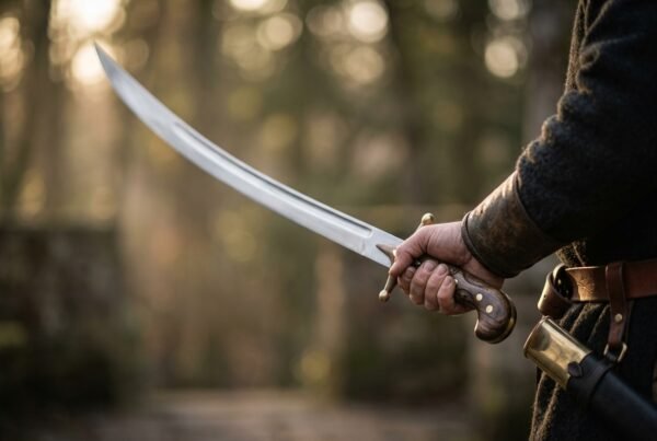 Polished steel shamshir with deeply curved narrow blade raised in hand beside a dark scabbard with brass mounts in a forest