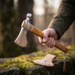 Polished steel tomahawk with engraved band and leather wrapped wooden haft held in hand, leather head cover on mossy rock