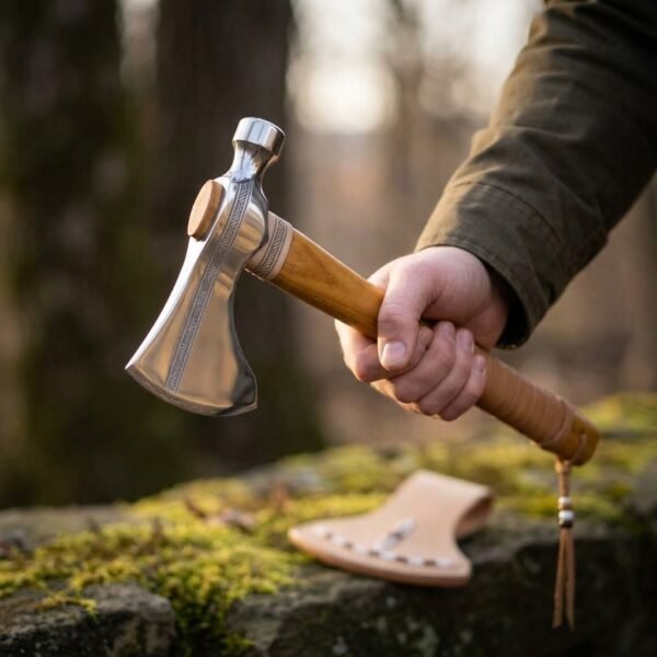 Polished steel tomahawk with engraved band and leather wrapped wooden haft held in hand, leather head cover on mossy rock