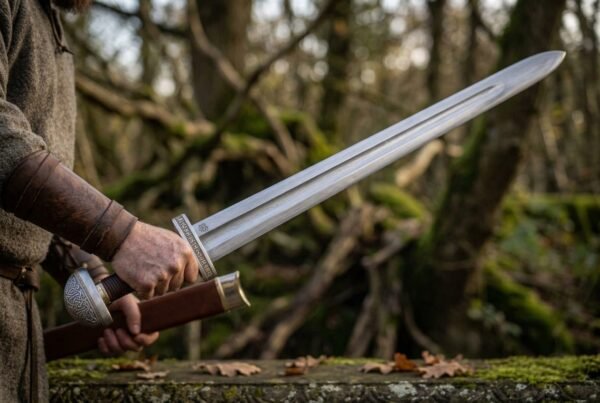 Polished steel Viking broadsword with rune engraved guard and knotwork pommel drawn from a brown leather scabbard in a mossy forest