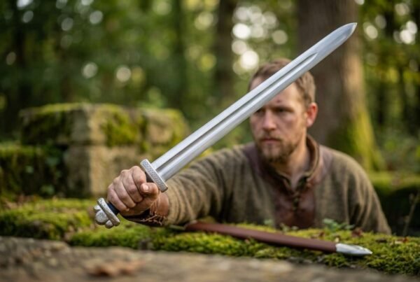 Polished steel Viking sword with a wide fuller held out at arm length by a bearded man in a mossy forest ruin