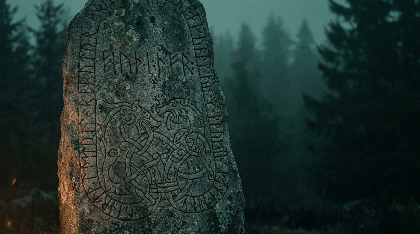 Carved Norse runestone with Viking runes and interlaced beast knotwork in misty northern forest