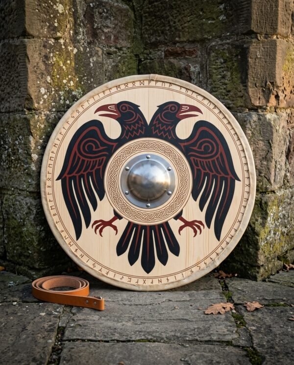 Ravenward hand made Viking round shield with hand painted black and red raven motif, Elder Futhark rune border and hand forged steel boss leaning against a stone wall