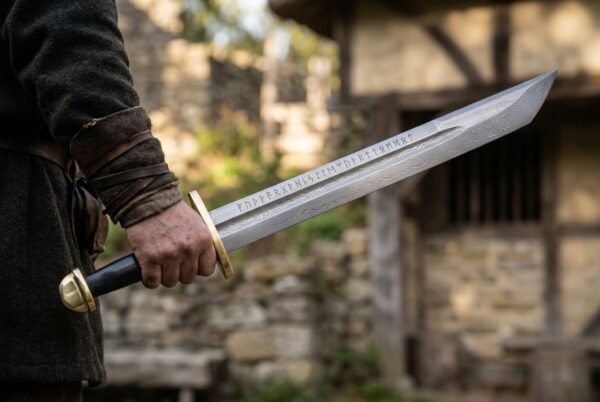 Rune engraved Damascus falchion with black grip and brass hilt held at the side by a man in a medieval village setting