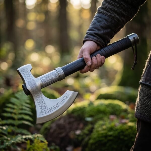 Rune etched high carbon steel bearded axe held in one hand by its black wrapped haft, with ferns and woodland behind