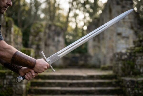 Steel arming sword with long fuller and straight cross held out in front of old stone steps
