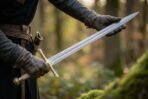 Steel elven style longsword with inscribed fuller and brass cross guard held across gloved hands beside a leather belt in a forest