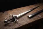 Steel fencing sword with ring guard and round pommel on a worn wooden table beside its black scabbard