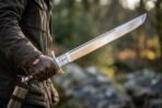 Steel grosse messer held raised in a gloved hand outdoors, showing the long single edged blade and wooden grip