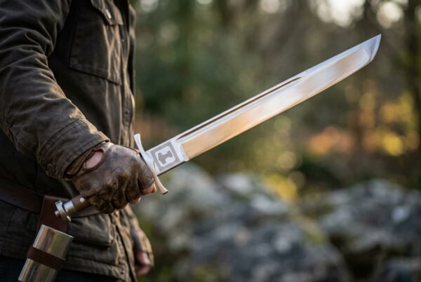 Steel grosse messer held raised in a gloved hand outdoors, showing the long single edged blade and wooden grip