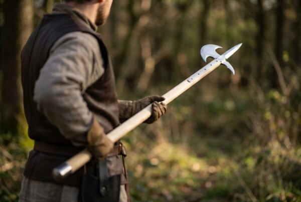 Steel halberd with crescent blade and hooked fluke carried over the shoulder by a man in a padded jacket in woodland