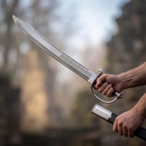 Steel naval cutlass with knotwork etched blade and stirrup guard drawn from a black scabbard held in the other hand outdoors
