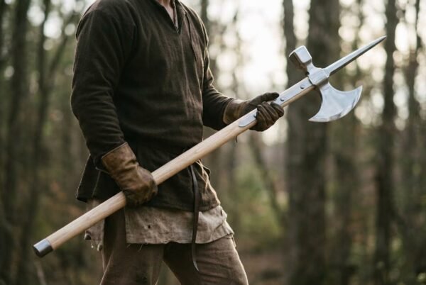 Steel poleaxe with crescent blade and spike held across the body in gloved hands by a man in a dark wool tunic in a forest