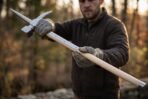Steel polehammer head with spike and toothed beak held across the body in gloved hands by a man in a woodland setting