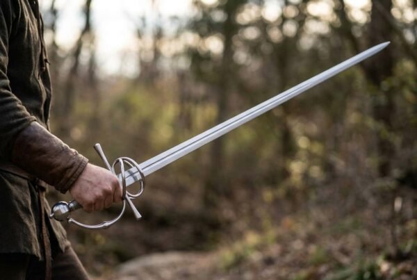 Steel rapier with side ring guard and ball pommel held out at the side on a woodland path