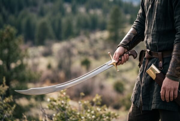 Steel shamshir with a deeply curved blade, brass guard and hooked wooden grip held at the side by a man in a green tunic