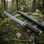 Straight bladed ninjato with black cord wrapped handle and round brass tsuba lying on a mossy rock beside its black saya