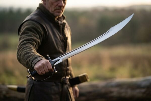Talwar sword with a broad curved blade held out by an older man in a wool coat, the scabbard at his side