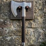 Hallwarden Hand Forged High Carbon Steel Norse Runic Bearded Axe with Rune Carved Wall Mount | Dark Leather Wrapped Ash Haft | Norse Battle Collector Gift | RK-1222