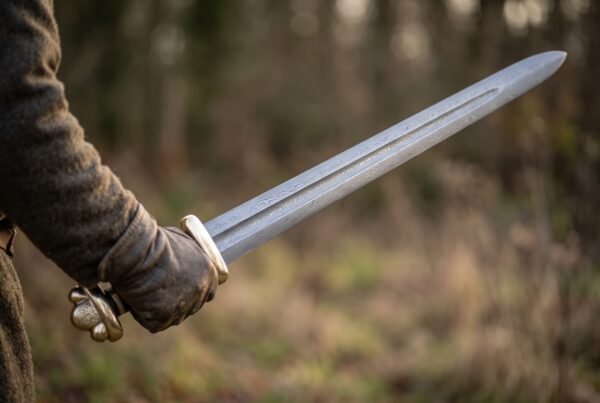 Viking sword blade with a fuller held in a gloved hand, brass guard and lobed pommel visible against a soft autumn field