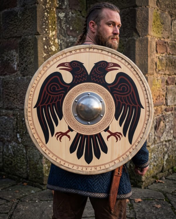 Wooden Viking round shield with twin black ravens, a rune ring border and a domed steel boss, held by a bearded man beside a stone wall