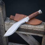 Stavehelm Hand Forged 1095 Kukri Knife with Stacked Leather Handle & Helm of Awe Bolster | About 16 Inches Overall | Tan Leather Sheath | Norse Camp Gift | RK-2198