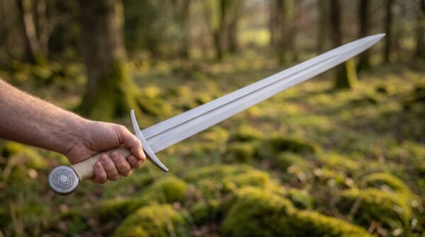 Steel arming sword with a round knot engraved pommel and pale cord wrapped grip held out over mossy woodland ground, long fullered blade