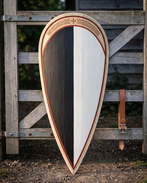Hand made kite shield with a black and white painted face, rust red trim, riveted rawhide rim and an engraved knotwork panel, leaning against a weathered timber gate.