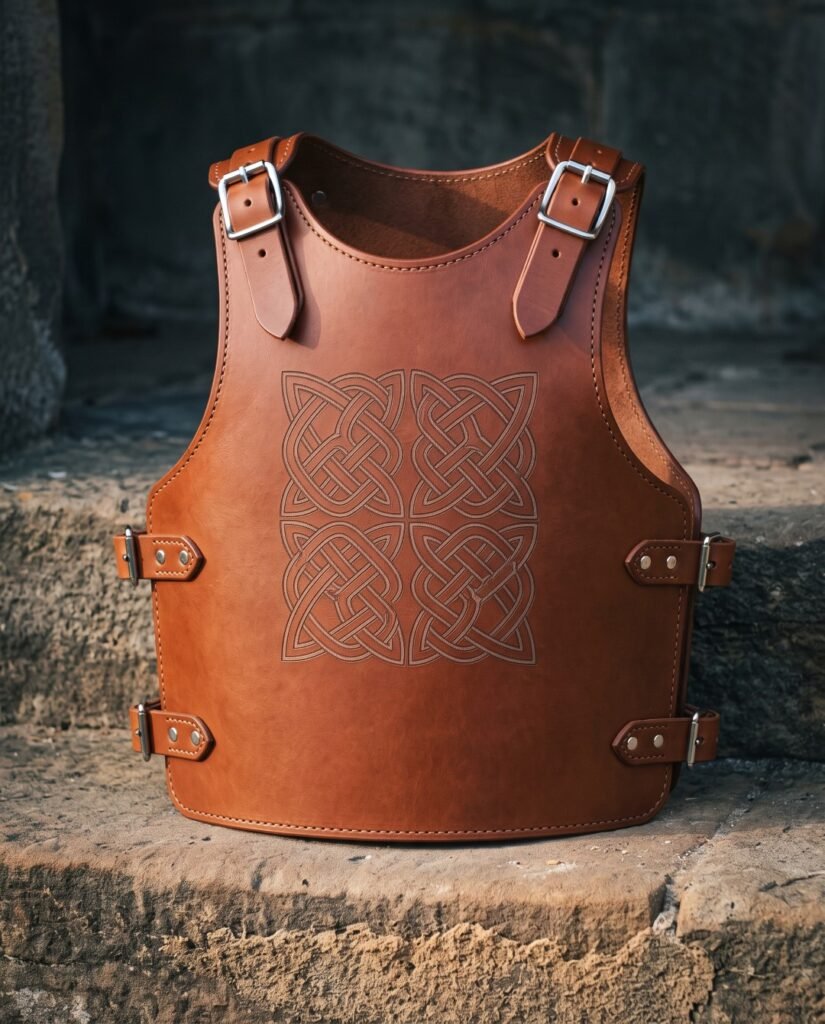 Tan leather armor cuirass with an engraved Celtic knotwork panel, buckled shoulder straps and four side buckles, propped on a stone ledge outdoors.