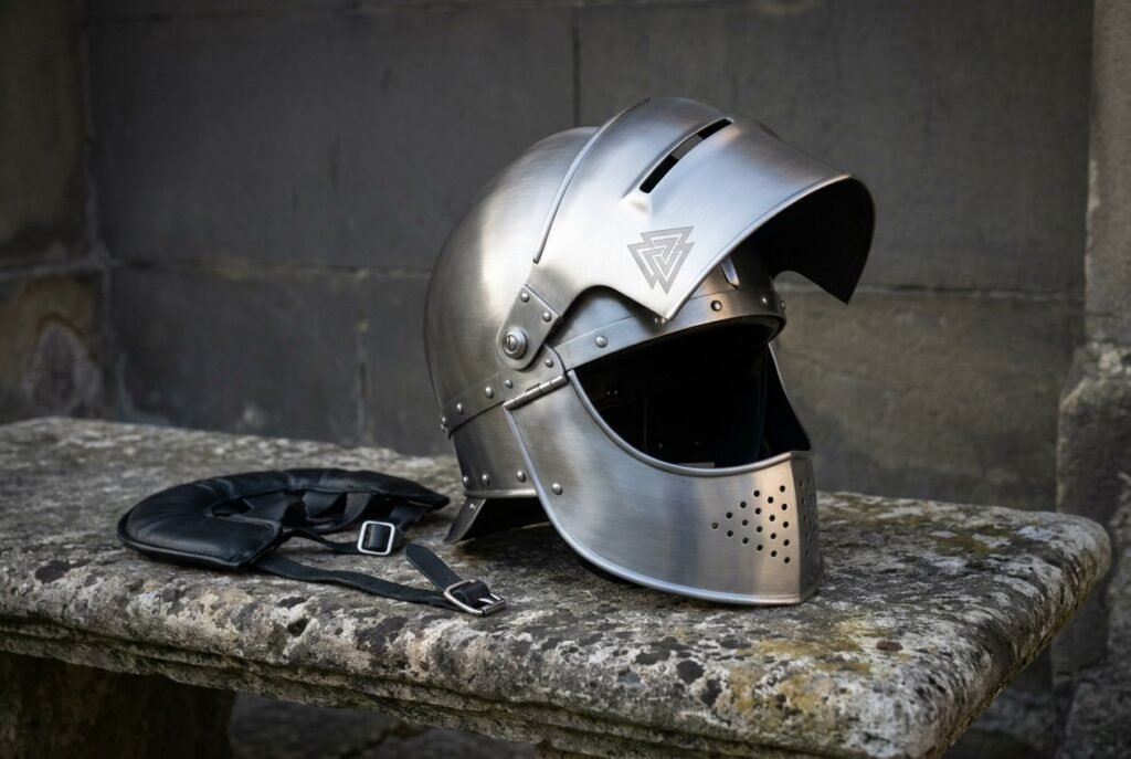 Brushed steel visored medieval helmet with valknut brow engraving and perforated bevor resting on a stone bench beside its black leather liner