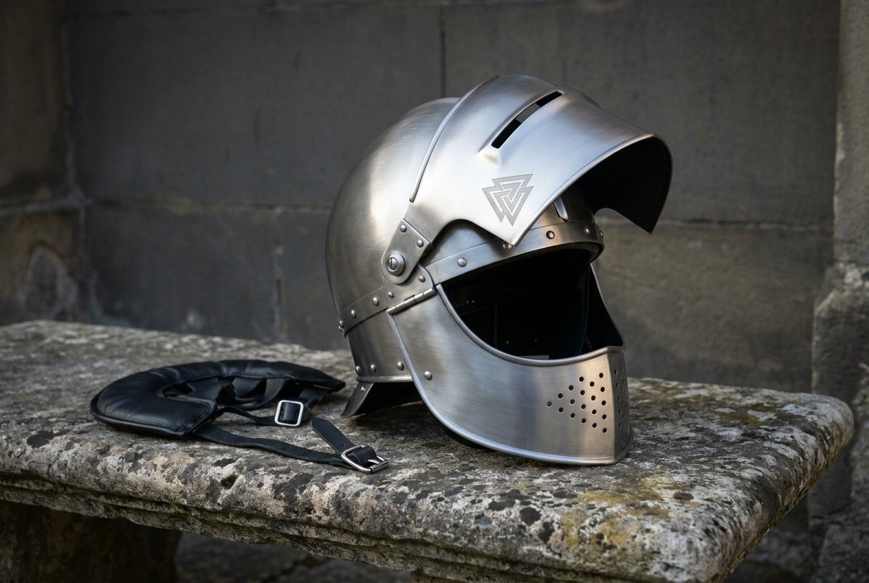 Gemini_Generated_Image_1qmk4n1qmk4n1qmk (1) Brushed steel visored medieval helmet with valknut brow engraving and perforated bevor resting on a stone bench beside its black leather liner