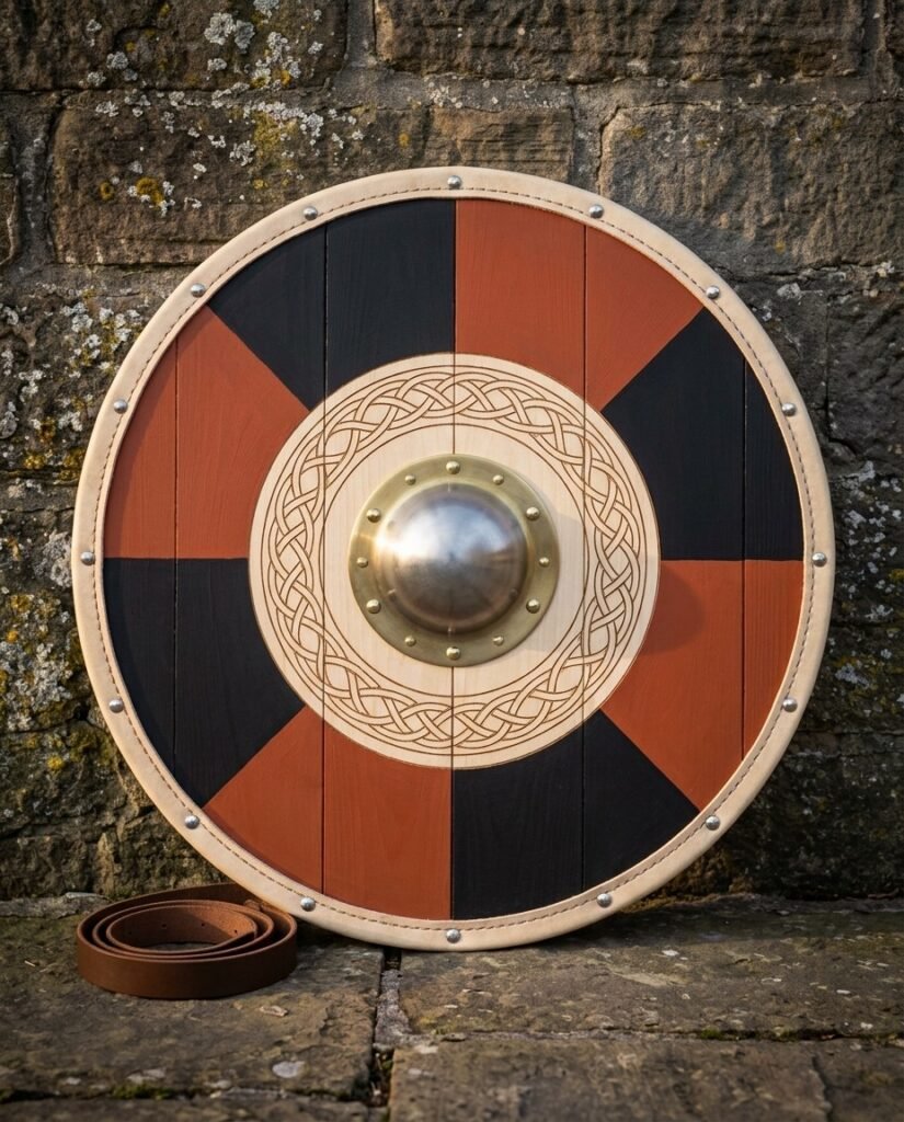 Hand made viking round shield with red and black painted quarters, a carved knotwork ring, domed brass boss and rawhide rim, leaning on a stone wall.