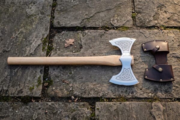 Twinbite Hand Forged 1095 Steel Double Bit Axe | 26 Inch Ash Haft | Etched Celtic Knotwork on Both Bits with Leather Head Cover | Fantasy Display Gift | RK-1557