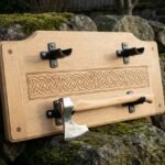 Oakhewn Hand Forged Viking Axe Wall Plaque | Bearded Axe on Carved Oak Board | Celtic Knotwork Band and Leather Lined Steel Cradles | Norse Wall Gift | RK-1683